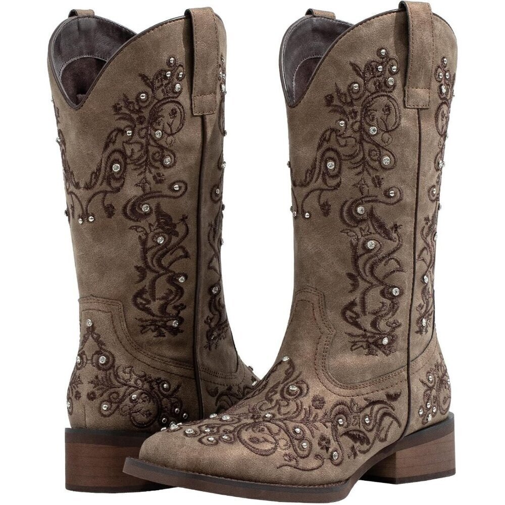 SheSole Womens Western Cowgirl Boots Square Toe Ladies Cowboy Boots Mid Calf - Picture 6 of 7